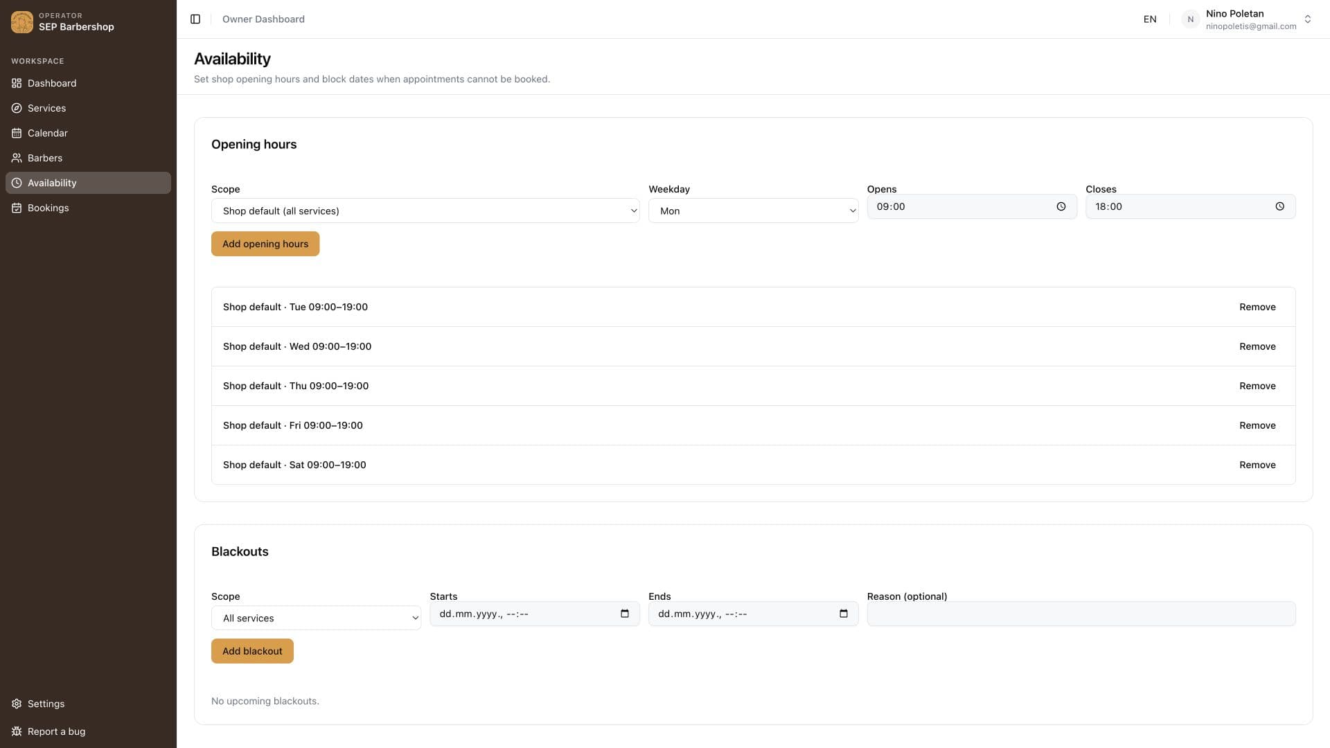 Owner panel: bookings, availability, services, payments, reminders