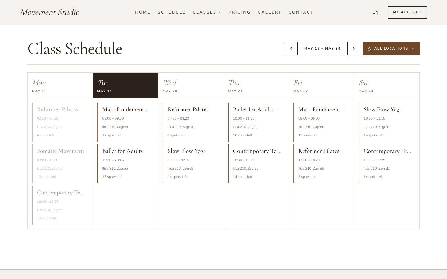 Movement Studio Wochenplan-Template in Studio OS mit Kurskalender