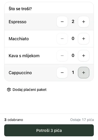 Staff screen on a phone: what is being spent, Espresso 2 and Cappuccino 1, then the button Potroši 3 pića, 17 left (Croatian interface, test café)