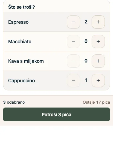 Ekran za osoblje na mobitelu: što se troši, Espresso 2 i Cappuccino 1, zatim gumb koji potvrđuje 3 pića, ostalo 17 (testni kafić)