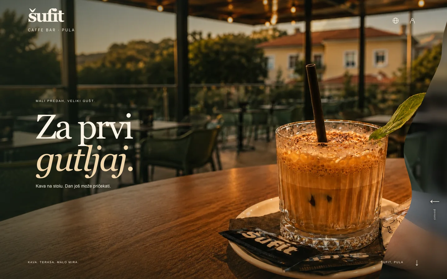 Web stranica Šufita: kafić preko cijelog ekrana, s naslovom