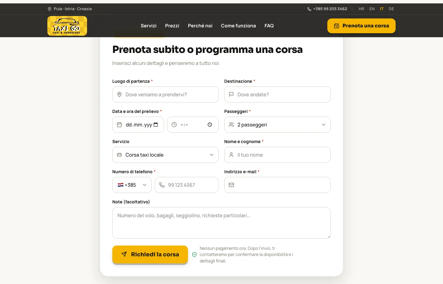 Il modulo di richiesta corsa sul sito di TaxiGo: partenza, destinazione, data e ora, passeggeri, servizio, nome, telefono ed email, con un pulsante per inviare la richiesta